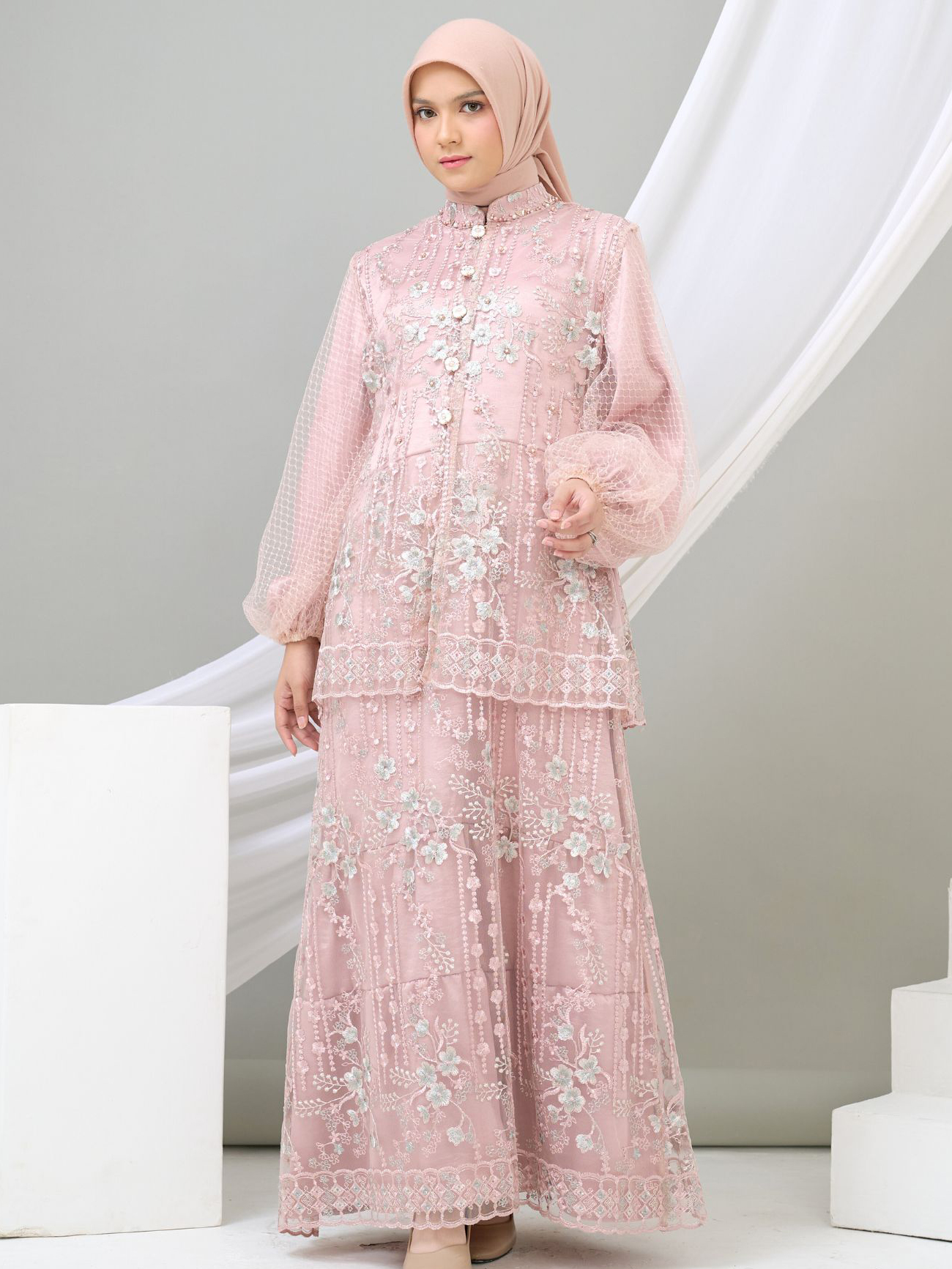 Aurélie Set Gown_Set Outer Inner Brukat Pink Dress Modern_by Alkhansas_4 Aurélie Set Gown - Image 1